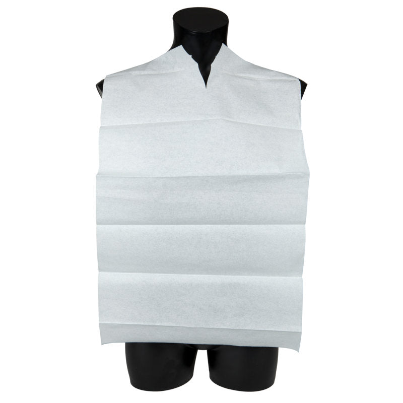A white disposable dining bib blue/white with pocket (38x70 cm) from Abena Re-Seller GmbH covers the chest and shoulders of a black mannequin torso and features a neck cutout for a secure fit. Package: 100 pieces.