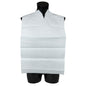A white disposable dining bib blue/white with pocket (38x70 cm) from Abena Re-Seller GmbH covers the chest and shoulders of a black mannequin torso and features a neck cutout for a secure fit. Package: 100 pieces.