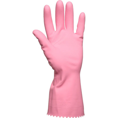 Ein einzelner Abena Re-Seller GmbH Haushaltshandschuhe Latex, Pink ist aufrecht mit der Handfläche nach vorne abgebildet. Er hat eine strukturierte Oberfläche an Fingern und Handfläche und eine geriffelte Manschette am Handgelenk.