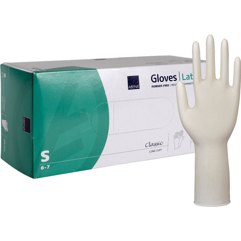 Eine Packung Abena Re-Seller GmbH Latex-Handschuhe Classic, puderfrei, lang, natur, Größe Small - ein weißer Latex-Handschuh steht aufrecht neben der Verpackung. Ideal für medizinische Anwendungen und langanhaltenden Schutz.