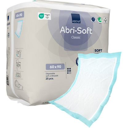 A pack of Abena Re-Seller GmbH disposable underpads Abri-Soft Classic (60x90 cm, blue), contains 25 pieces. The front of the package shows an individual disposable underpad with a blue border and white center.