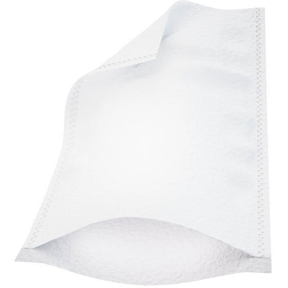 Ein einzelner weißer Molton Ultra Sonic Waschhandschuh (16x23 cm) von Abena Re-Seller GmbH, abgebildet auf weißem Hintergrund. Der Einweghandschuh hat leicht gewölbte Kanten und sichtbare Ränder. Packung mit 50 Stück.