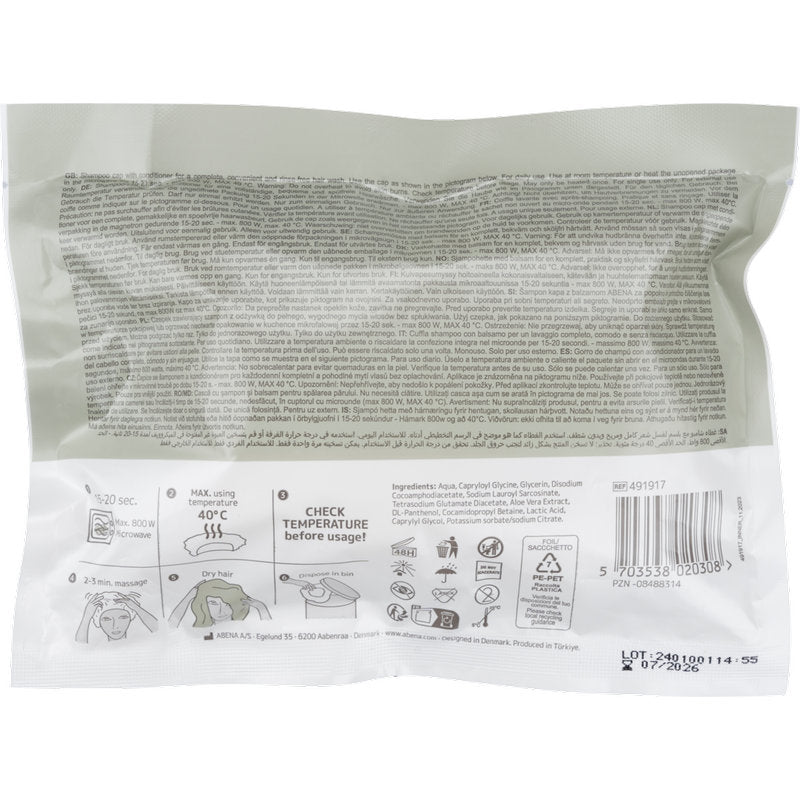 On the back of the Abena Re-Seller GmbH shampoo cap, ø 32 cm, white (1 piece) package, there are instructions for use, safety instructions, temperature guidelines, graphics in black/grey on white, barcode, and notes for washing hair without water.
