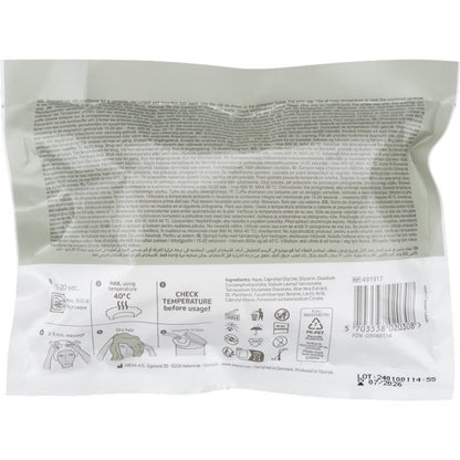 On the back of the Abena Re-Seller GmbH shampoo cap, ø 32 cm, white (1 piece) package, there are instructions for use, safety instructions, temperature guidelines, graphics in black/grey on white, barcode, and notes for washing hair without water.