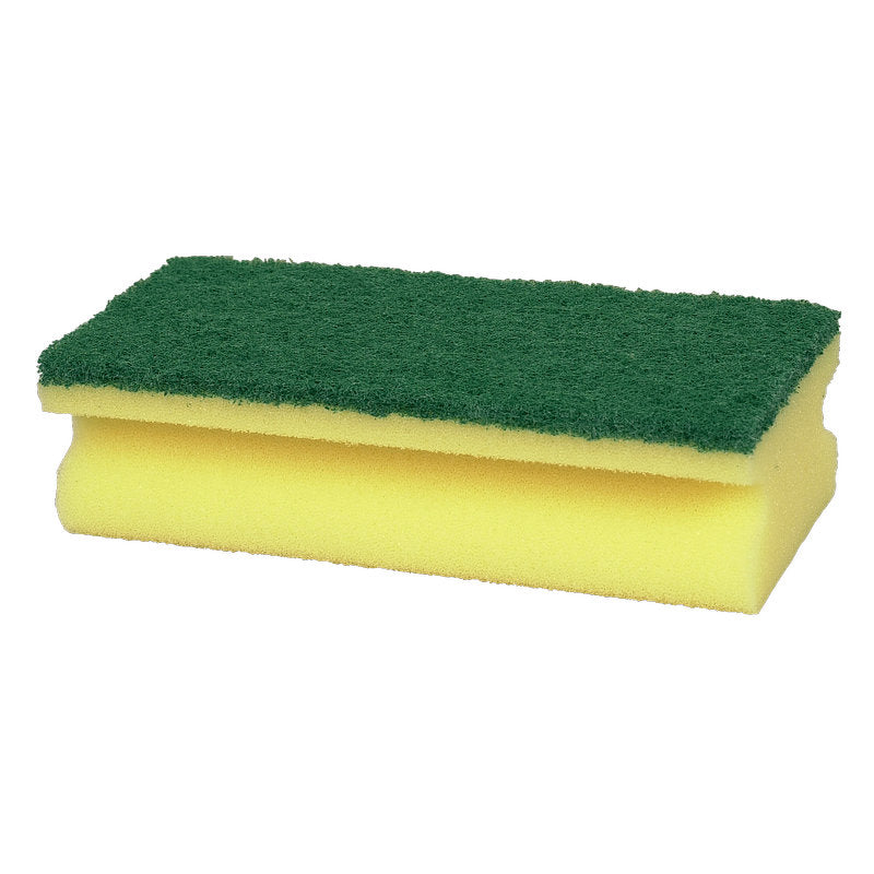The Abena Re-Seller GmbH cleaning sponge Large (5x7x14 cm) features a yellow foam base with a green scouring pad, ideal for cleaning large areas, depicted on a white background.