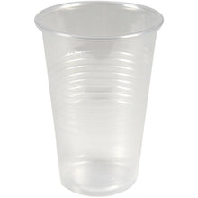 A transparent dispensing cup, PP, 20 cl by Abena Re-Seller GmbH stands upright against a plain white background. The cup has a slightly flared rim and horizontal grooves around the body. Delivered in packs of 100 pieces.