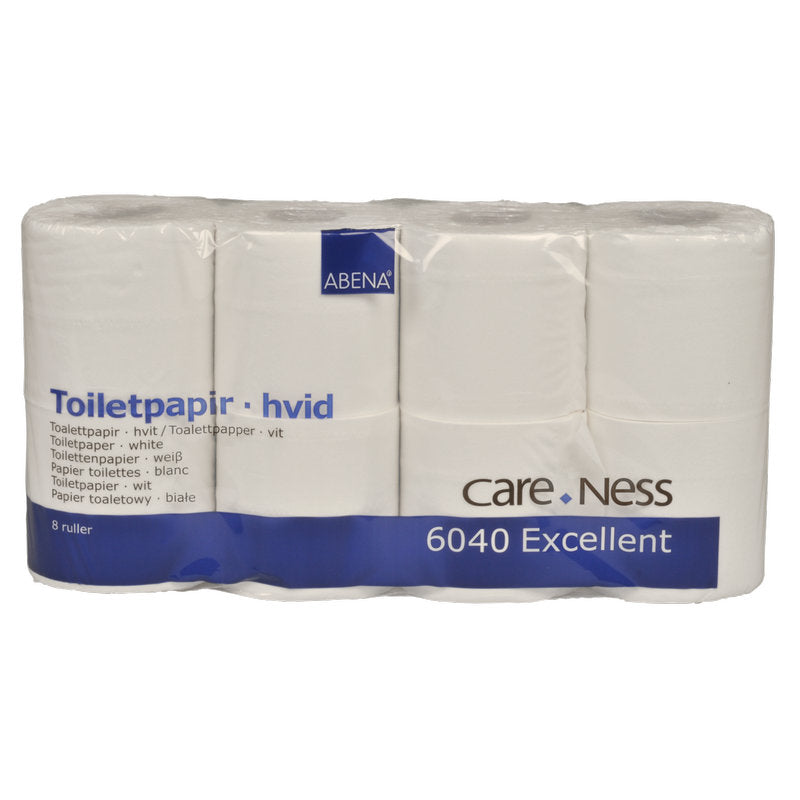 Eine 8-Rollen-Packung Abena Re-Seller GmbH 2-lagiges weißes Toilettenpapier (9,8 cm x 33,75 m) mit der Aufschrift "Toilettenpapier" in einer blau-weißen Kunststoffverpackung.