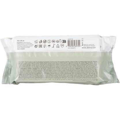 A package of the Abena Re-Seller GmbH discontinued items: Abena moist care wipes (softbox with plastic lid, 80 wipes) with text, barcode, and symbols on the back - perfect for gentle cleaning and hygiene on the go.