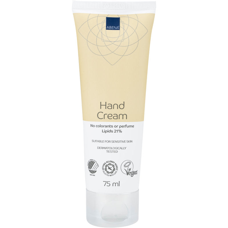 A 75 ml tube of Abena Re-Seller GmbH hand cream, 21% fat content, unscented, is provided with a beige-white label. It is dermatologically tested, vegan, ideal for sensitive skin and contains 21% lipids.