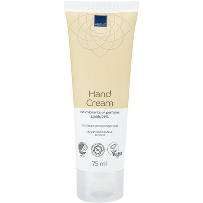 A 75 ml tube of Abena Re-Seller GmbH hand cream, 21% fat content, unscented, is provided with a beige-white label. It is dermatologically tested, vegan, ideal for sensitive skin and contains 21% lipids.