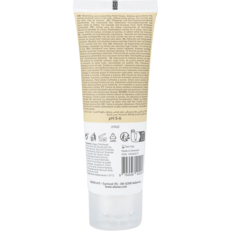 A beige-white tube of Abena Re-Seller GmbH hand cream (21% fat content, unscented) stands upright with a back label with information, symbols, ingredients, and a barcode. The tube has a transparent flip-top closure.