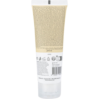 A beige-white tube of Abena Re-Seller GmbH hand cream (21% fat content, unscented) stands upright with a back label with information, symbols, ingredients, and a barcode. The tube has a transparent flip-top closure.
