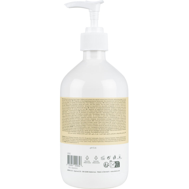 Pictured is a white pump bottle of Abena Re-Seller GmbH hand cream (21% fat content, unscented) with a beige label listing product information and ingredients in multiple languages, from behind against a white background.
