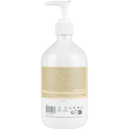 Pictured is a white pump bottle of Abena Re-Seller GmbH hand cream (21% fat content, unscented) with a beige label listing product information and ingredients in multiple languages, from behind against a white background.