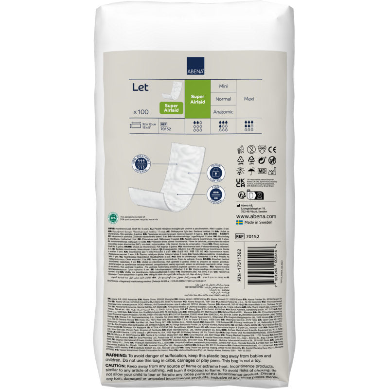 A white pack of ABENA Let Super Airlaid from Abena Re-Seller GmbH (100 pieces) displays the product image on the front, high absorbency, recycling symbols, and usage instructions.