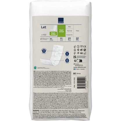 A white pack of ABENA Let Super Airlaid from Abena Re-Seller GmbH (100 pieces) displays the product image on the front, high absorbency, recycling symbols, and usage instructions.