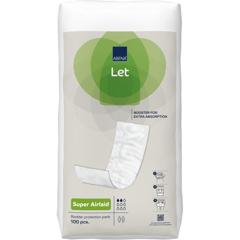 A pack of 100 ABENA Let Super Airlaid from Abena Re-Seller GmbH offers reliable bladder protection with high absorbency. The green and white packaging is equipped with a tampon illustration and instructions for use.