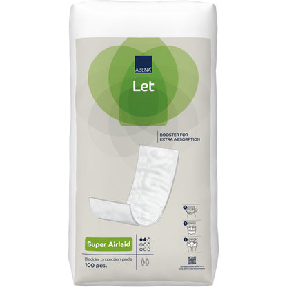A pack of 100 ABENA Let Super Airlaid from Abena Re-Seller GmbH offers reliable bladder protection with high absorbency. The green and white packaging is equipped with a tampon illustration and instructions for use.