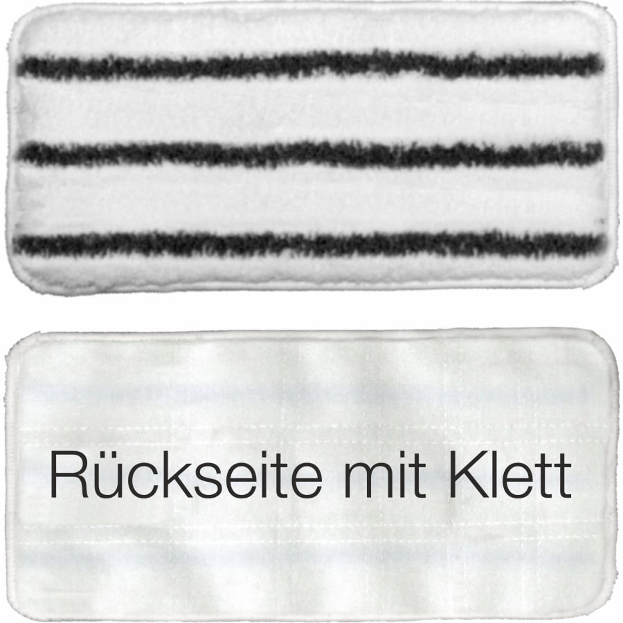 Taispeántar dhá phaidín glantacháin dronuilleogacha: an t-alt asraon uachtarach Arcora Handpad crua 27x13 cm le dromchla nana-struchtúrtha agus trí stríoca dhubha le haghaidh úsáid ghairmiúil, agus an paidín bán simplí thíos leis an inscríbhinn "Cúl le Velcro". Branda: Arcora International GmbH.
