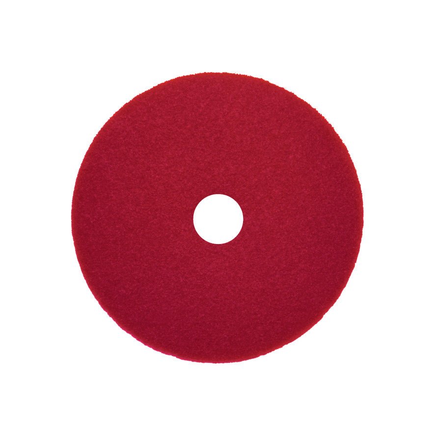 The Arcora Sunshine Strong Plus No1 / Red from Arcora International GmbH is a red, round floor buffer with a center hole, ideal for heavy-duty cleaning of surfaces. Box contains 10 pieces. Pictured against a white background.