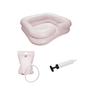 The discontinued item: AMPri washbasin with shower device and pump, inflatable by AMPri Handelsgesellschaft mbH with hand pump and water bag is presented for hair washing while lying down on a white background.