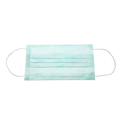 Tá AMPri BASIC-PLUS OP Másc 3-lg gorm éadrom. Cineál II, déanta ag AMPri Handelsgesellschaft mbH, le lúba cluaise suite go cothrom ar chúlra bán. Tá trí fhilleadh ag an masc tríchisealach seo agus tá sé deartha mar masc indiúscartha chun scaipeadh truailleán a chosc.