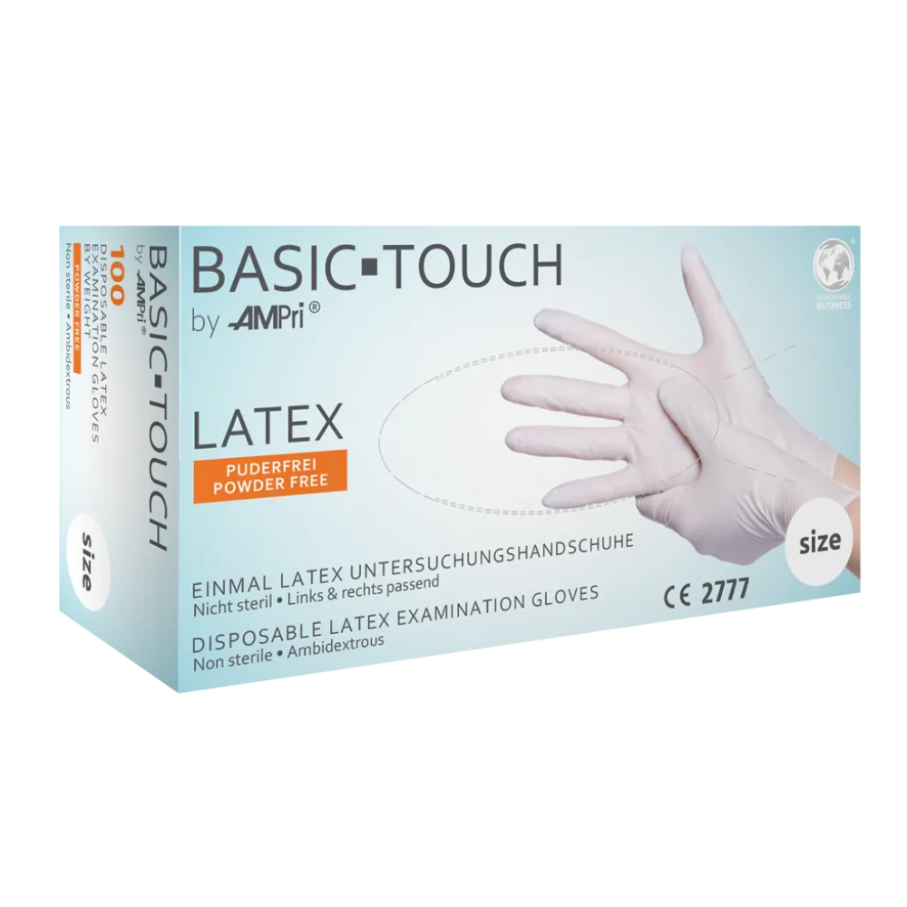 A box of AMPri BASIC-TOUCH latex gloves powder-free, white. The box bears the inscription “Powder Free” and shows an image of a gloved hand. The text is written in German and English. The box contains 100 ambidextrous, non-sterile disposable gloves white in an unspecified size from the brand AMPri Handelsgesellschaft mbH.