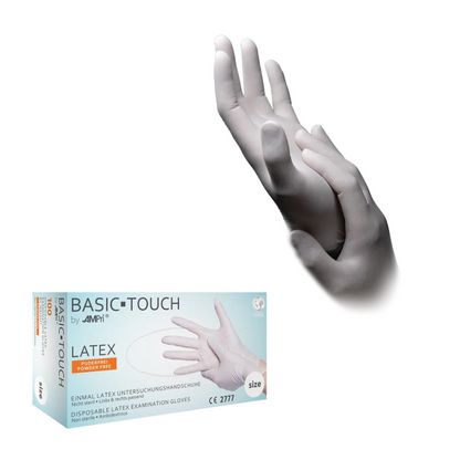 A box of AMPri BASIC-TOUCH latex gloves powder-free, white | Box (100 pieces) with a pair of gloved hands touching each other above. The box displays the product name, glove size, and other details, while the hands of AMPri Handelsgesellschaft mbH latex gloves powder-free appear in a graceful, interlocked pose.