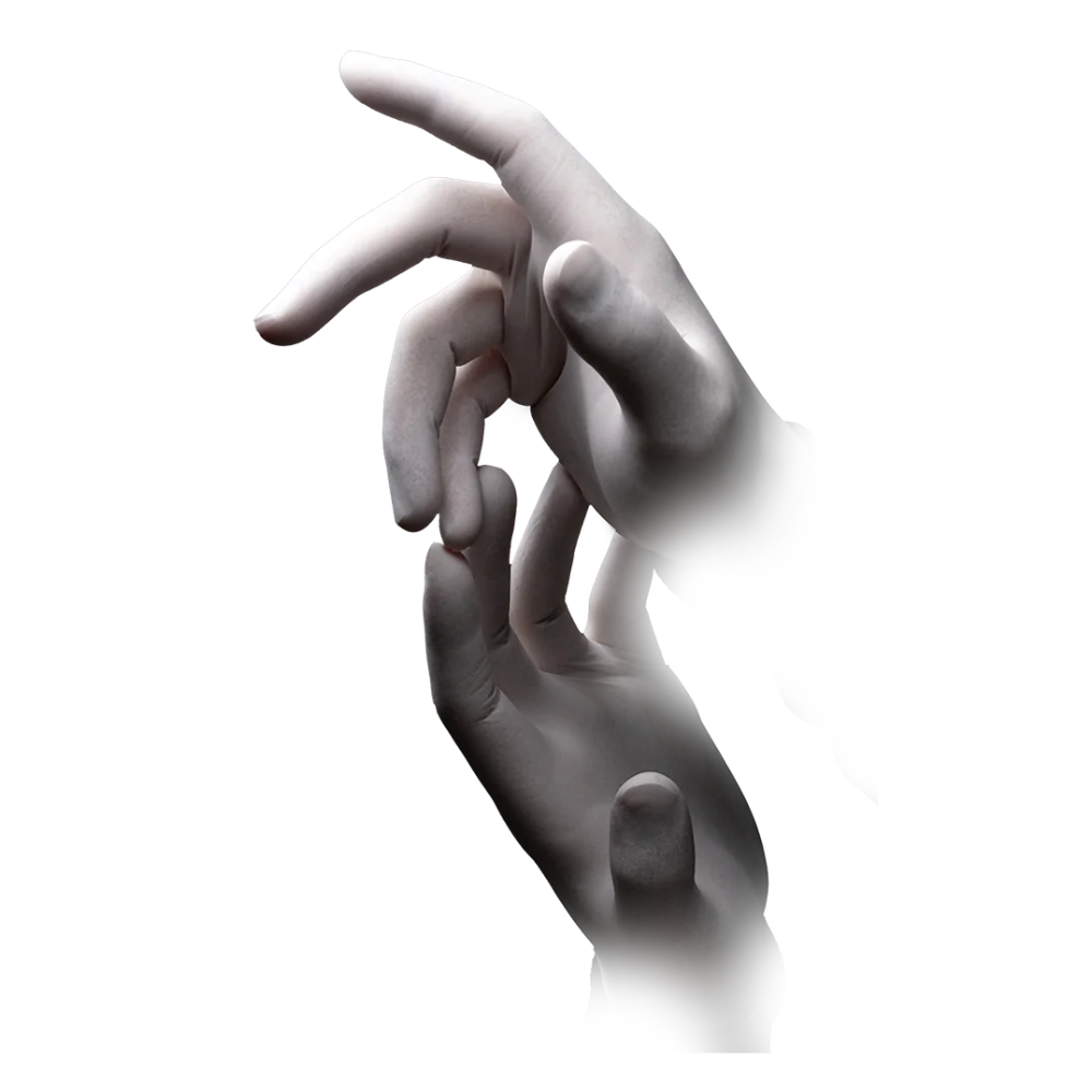 A close-up shows two hands whose fingers gently touch. The hands and fingers, elegantly adorned with AMPri BASIC-TOUCH latex gloves powder-free, white from AMPri Handelsgesellschaft mbH, are partially faded towards the wrists, creating a dissolving effect against a white background.