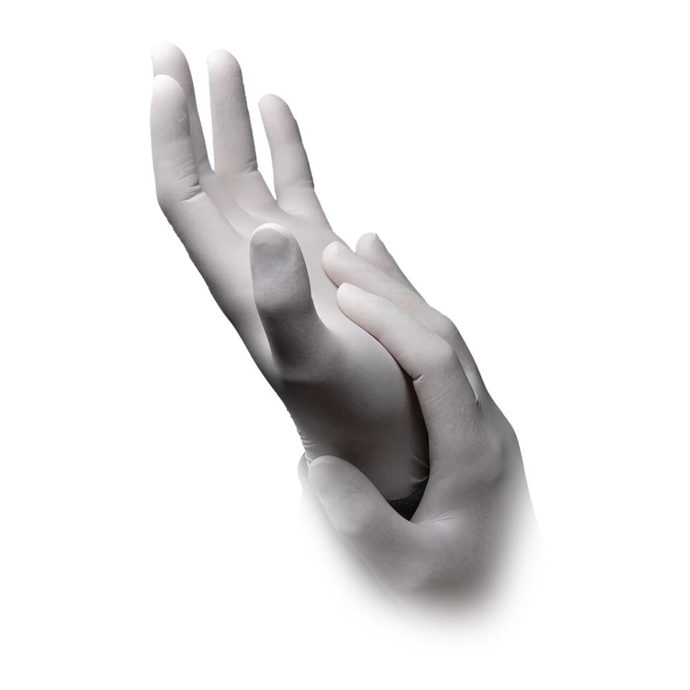Close-up of two hands wearing AMPri BASIC-TOUCH latex gloves powder-free, white | Box (100 pieces) from AMPri Handelsgesellschaft mbH. One hand is upright with slightly spread fingers, while the other hand gently touches the side of the upright hand. The background is plain white.
