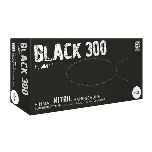 AMPRI Black 300 Lámhainní nítríle le faoiseamh, dubh | Bosca (100 píosa)