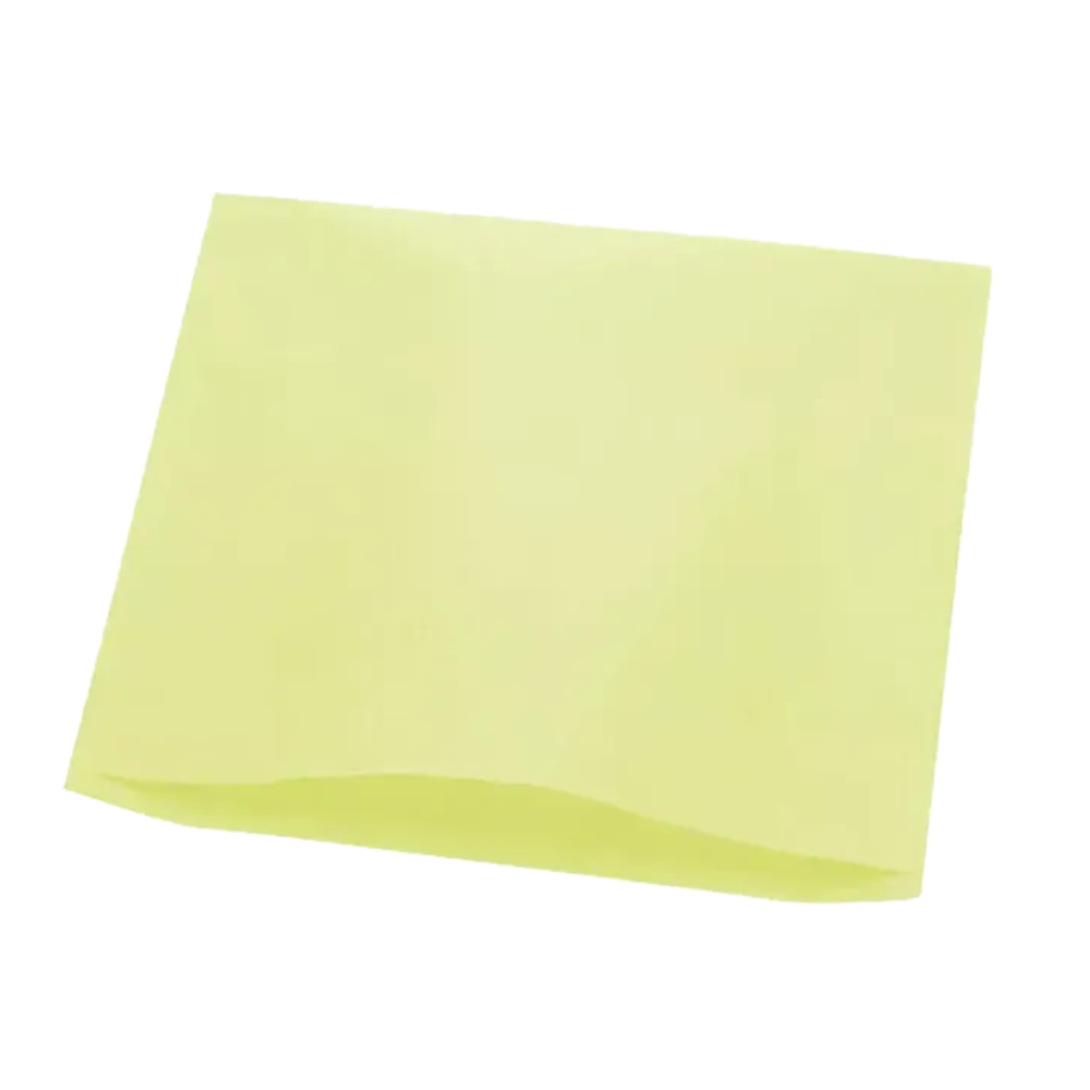 A single yellow sticky note with light shadows on a white background reflects the compact simplicity of the AMPri Dental headrest cover tissue paper by AMPri Handelsgesellschaft mbH. The note is blank and square.