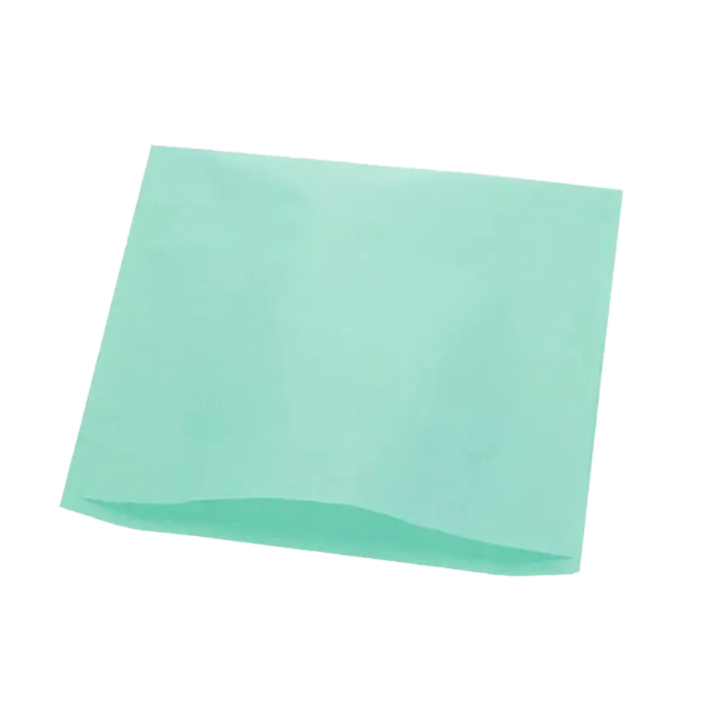 A flat sheet of polyethylene fabric in a gentle light blue-green lies in front of a white background. This unfolded AMPri Dental headrest cover suggests that it rests on a soft surface often associated with materials used in dental chairs.