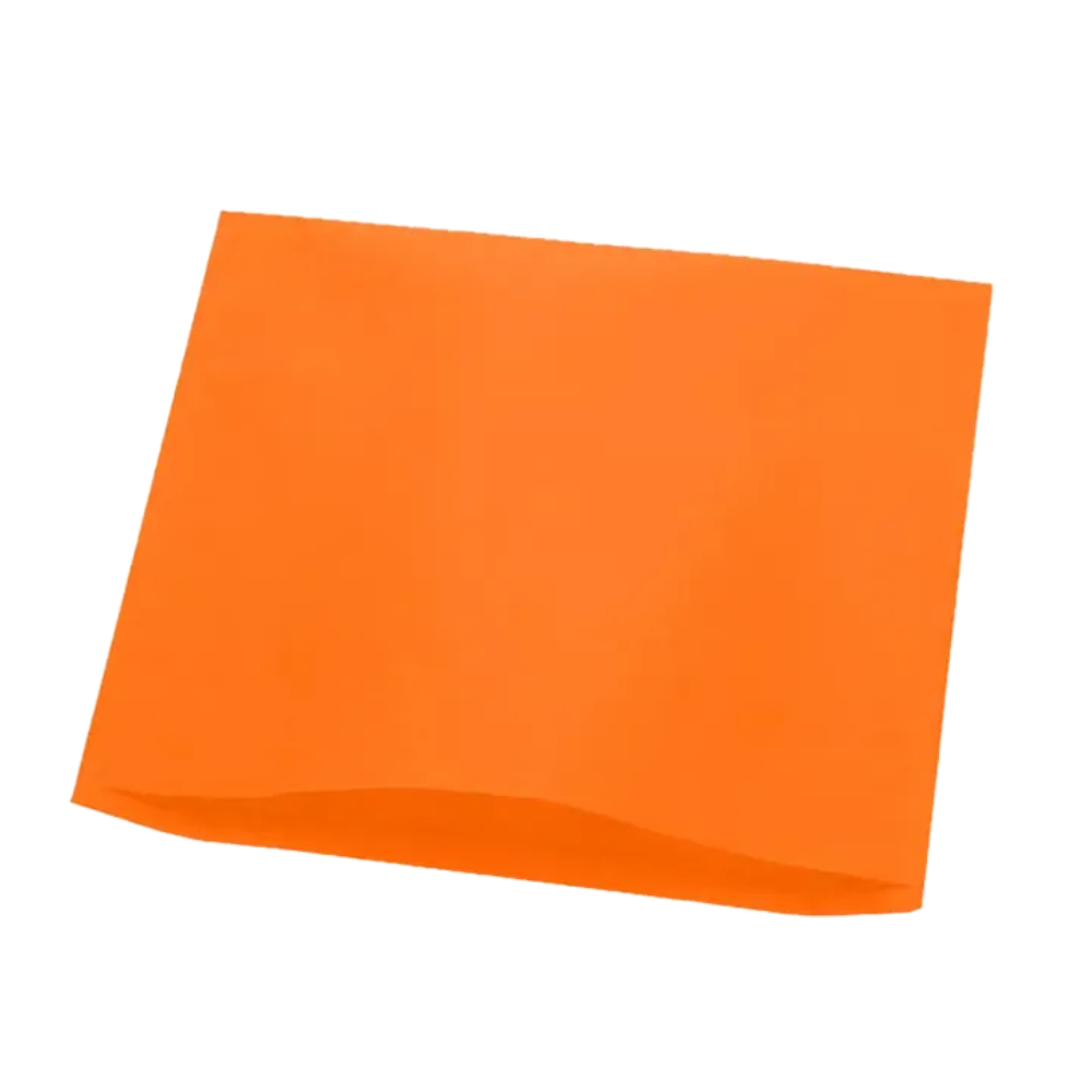 In front of a perfectly white background, a flat, rectangular sheet of orange paper is visible, reminiscent of the AMPri Dental headrest cover tissue paper.