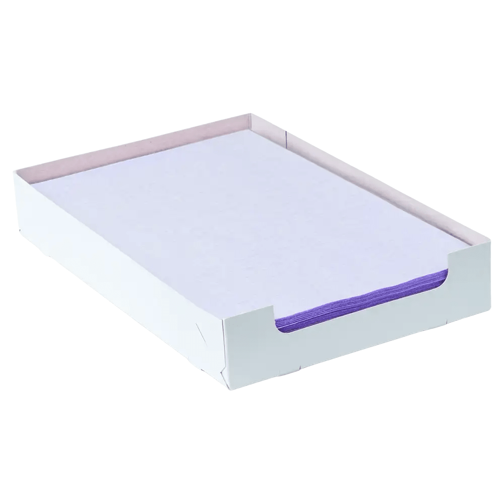 A white cardboard box from AMPri Handelsgesellschaft mbH contains a stack of purple AMPri Dental crepe-lined tray filter paper sheets measuring 18 x 28 cm. The top sheet is white and allows the purple edges underneath to show through slightly. The box is open at the top and has a simple design.