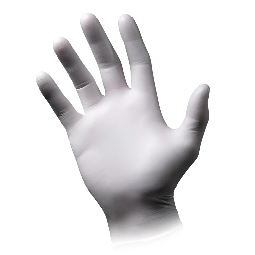 Eine Nahaufnahme einer linken Hand mit einem AMPri ECO-PLUS Nitrilhandschuhe puderfrei, Weiß von AMPri Handelsgesellschaft mbH. Die Finger sind gespreizt und die Handfläche zeigt zum Betrachter. Der Hintergrund ist schlicht weiß und bietet einen klaren Kontrast zum medizinischen Handschuh.