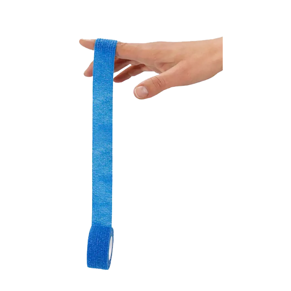 A hand holds a roll of AMPri Joy2Protect self-adhesive tape in blue, with the tape partially unrolled and hanging down. The plain white background highlights both the tape and the hand, making it perfect for use in industrial or hospital settings.