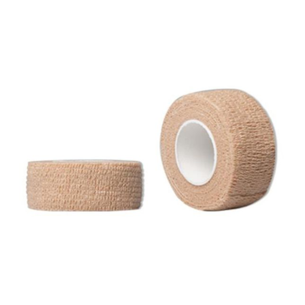 The image shows two rolls of AMPri Joy2Protect adhesive tape (size 2.5 cm x 4.5 m) in beige from AMPri Handelsgesellschaft mbH, presented in a box with two rolls in different colors. One roll stands upright while the other lies on its side, revealing the white inner core. These plasters are frequently used in hospitals and have a textured surface that ensures secure and comfortable wrapping.