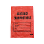 The AMPri LDPE denture bag with dimensions of 17 x 24 cm features a red design with black "CAUTION! DENTURE" text and fields for name, address, and room number to ensure hygienic and easy identification of dentures. Brand: AMPri Handelsgesellschaft mbH.