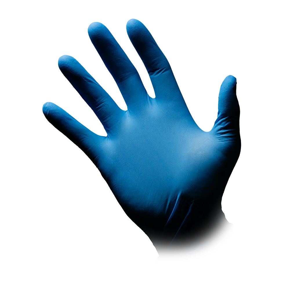Eine mit AMPri MED-COMFORT BLUE Nitrilhandschuhe puderfrei behandschuhte Hand ist mit gespreizten Fingern vor weißem Hintergrund ausgestreckt. Der eng anliegende, latexähnliche Handschuh der AMPri Handelsgesellschaft mbH gewährleistet eine reibungslose Anwendung ohne Rückstände.