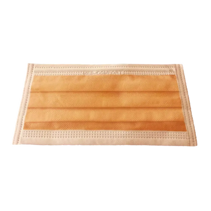 Abgebildet ist die AMPri MED-COMFORT OP Maske zum Binden Typ IIR in Orange der AMPri Handelsgesellschaft mbH. Diese Einweg-Mund-Nasen-Maske verfügt über Ohrschlaufen, horizontale Falten und einen verstärkten Rand, um einen sicheren Sitz zu gewährleisten.