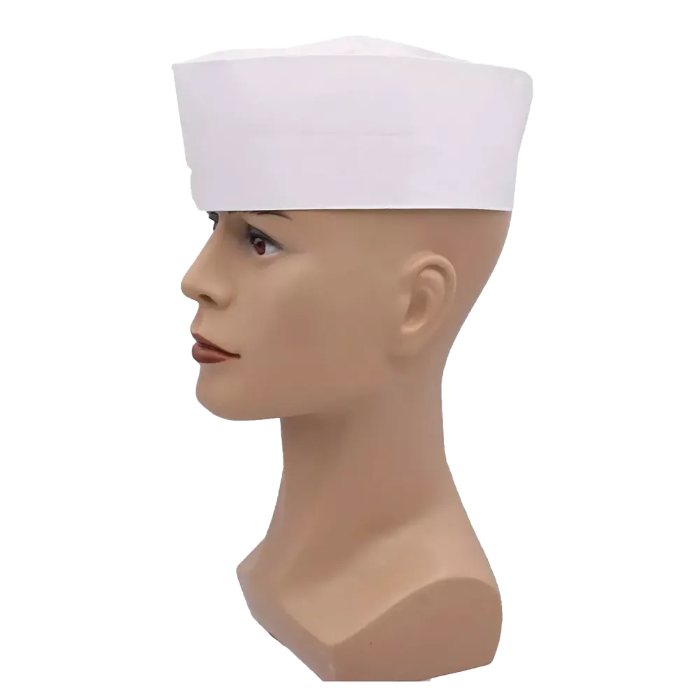 A mannequin head with a white AMPri boat cap, adjustable for an ideal fit, is shown in a side view against a plain white background.