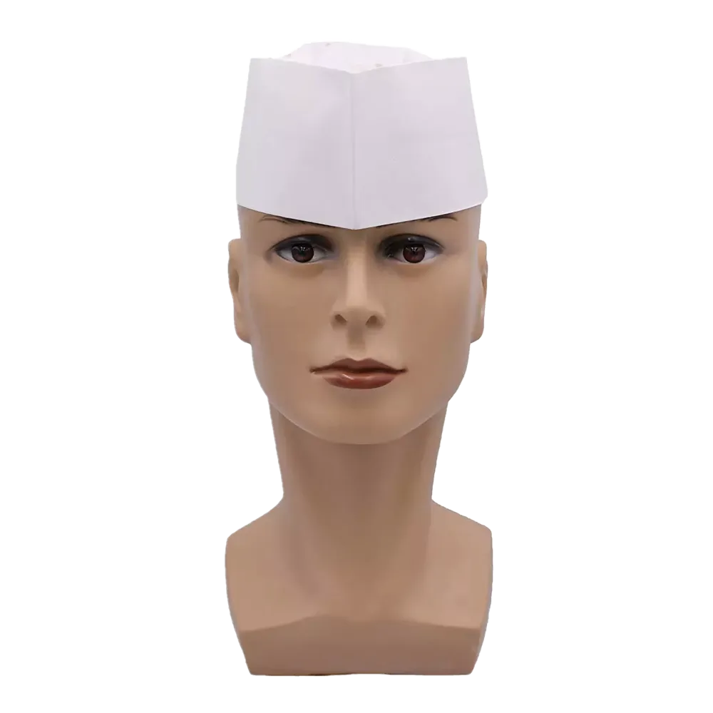 A mannequin head wears a white AMPri boat cap by AMPri Handelsgesellschaft mbH, reminiscent of a classic diner or chef's hat. This disposable product is presented against a plain background, with the mannequin's expression remaining neutral and calm.