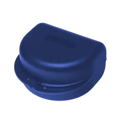 On a plain white background, a blue AMPri PP Dental brace box made of durable polypropylene with a hinged lid is depicted. This compact box, measuring 80 x 80 x 45 cm, features small ventilation holes on the top.