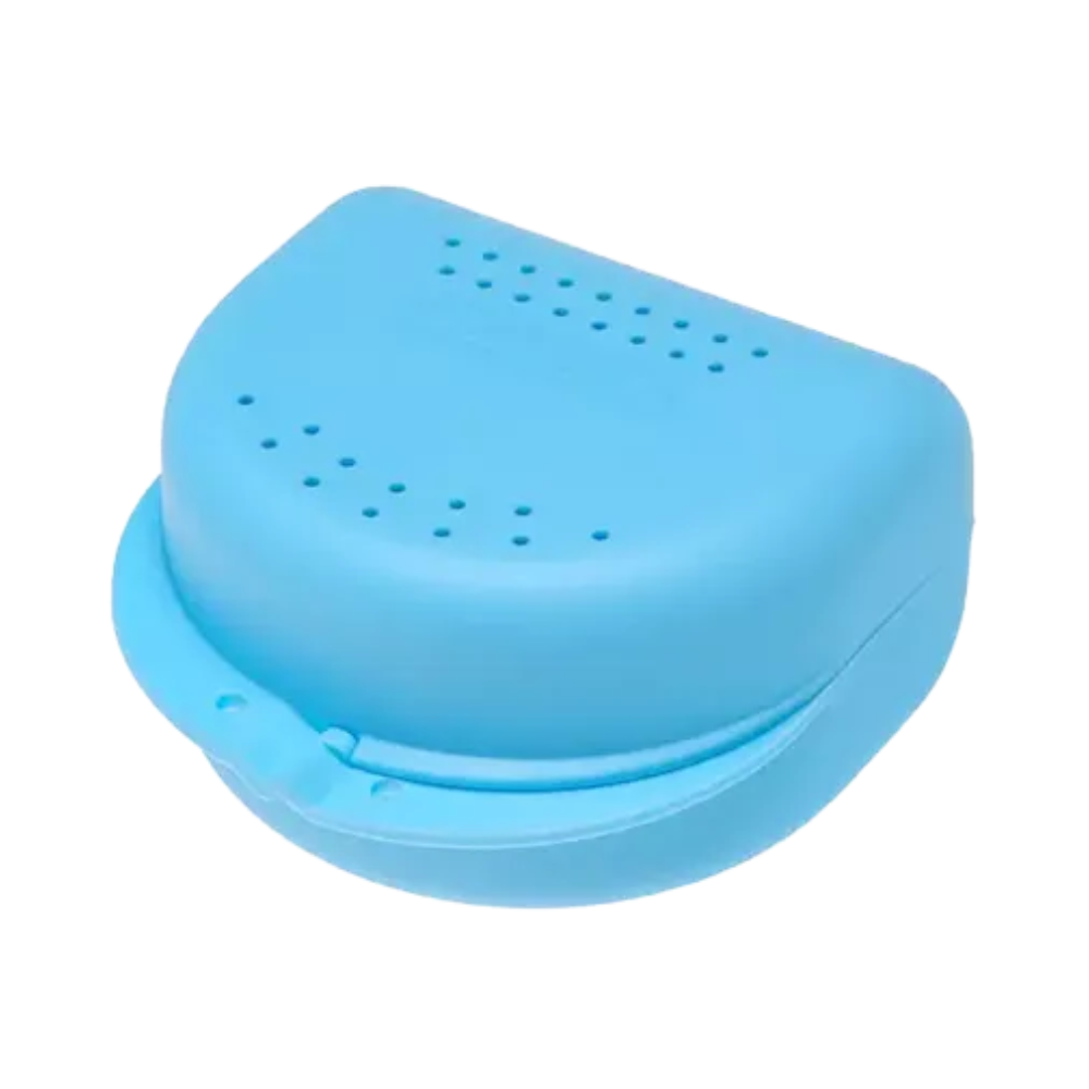 The AMPri PP Dental brace box for adults by AMPri Handelsgesellschaft mbH, measuring 80x80x45 cm and available in various colors, is made from polypropylene. With small ventilation holes on the top, a hinged lid, and a snap closure on the front, it is ideal for storing braces like retainers or mouthguards.