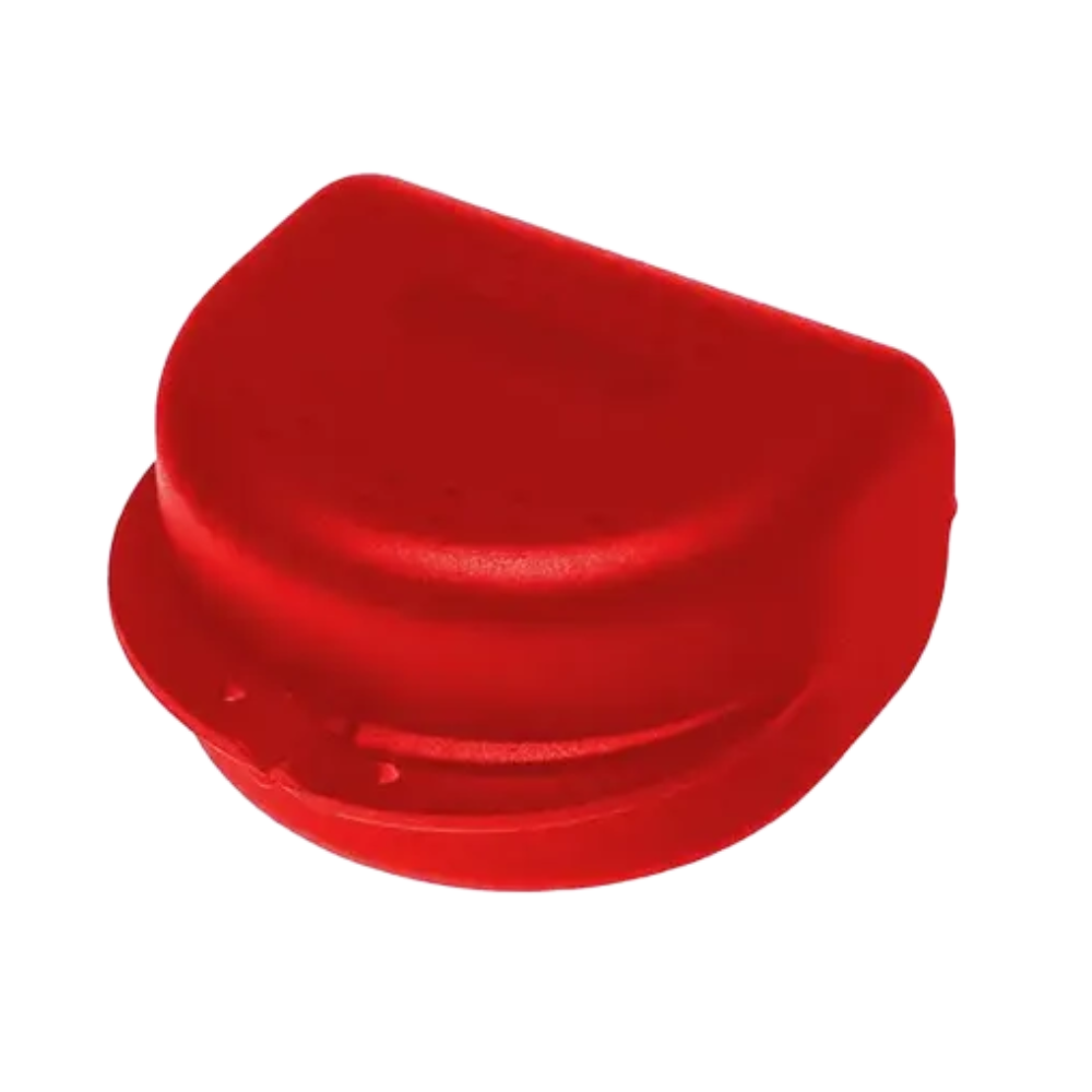 A rectangular, red AMPri PP Dental orthodontic box, specifically designed for adults and made from polypropylene, features a hinged lid and rounded edges. The smooth surface has no visible trademarks or designs, making it ideal for storing orthodontic work.