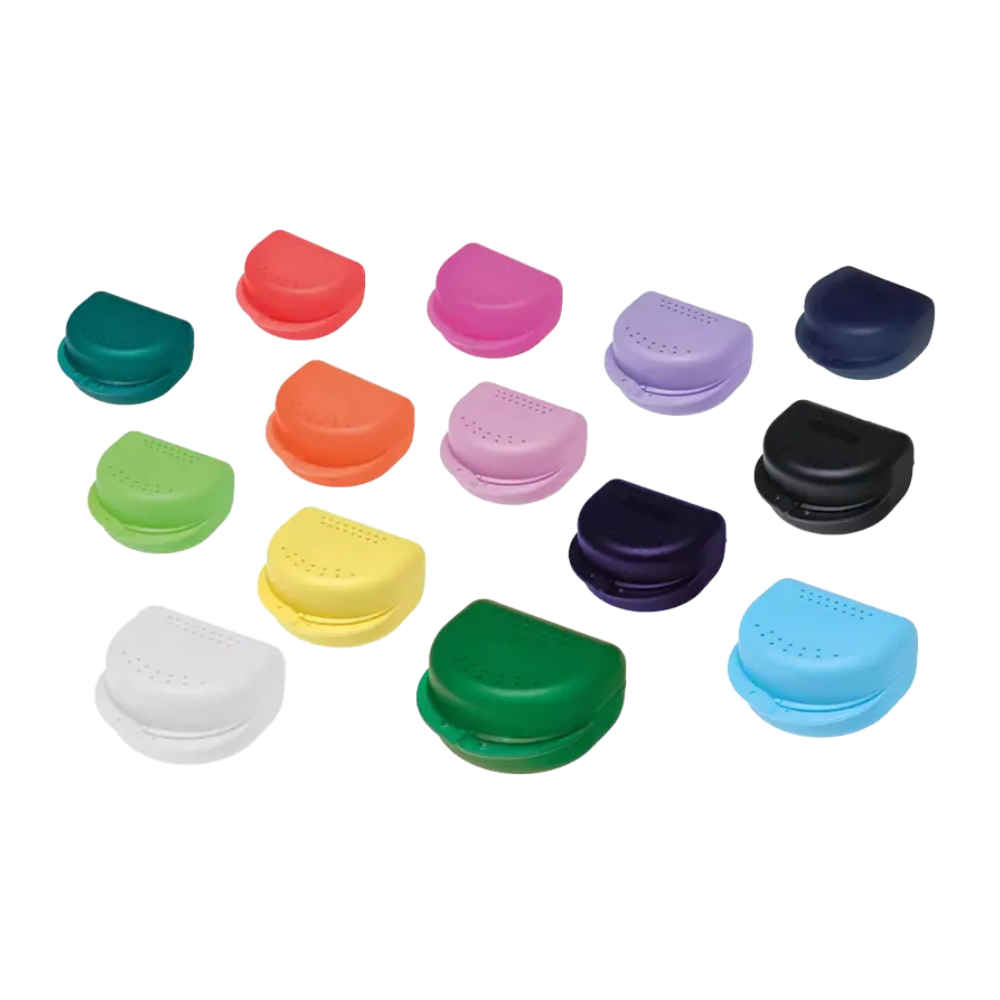 Discover the AMPri PP Dental brace box collection with ten sturdy brace boxes made from durable polypropylene. These boxes are available in various colors such as blue-green, red, and lime green, making them perfect for orthodontic work and designed to stand out against a flawlessly white background.