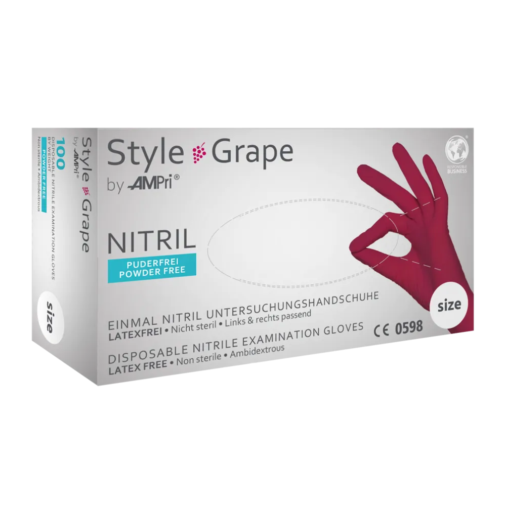 Image of a box of AMPri STYLE GRAPE powder-free nitrile gloves by MED-COMFORT, Bordeaux, from AMPri Handelsgesellschaft mbH. The box is white with violet details and shows the image of a hand wearing a Bordeaux glove. These disposable gloves are latex-free, non-sterile, and have an ambidextrous design.