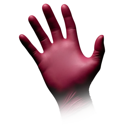 A close-up of a right hand with an AMPri STYLE GRAPE powder-free nitrile glove by MED-COMFORT, Bordeaux. The glove from AMPri Handelsgesellschaft mbH covers the entire hand and extends slightly below the wrist. The background is white, the hand appears raised and shows the palm.
