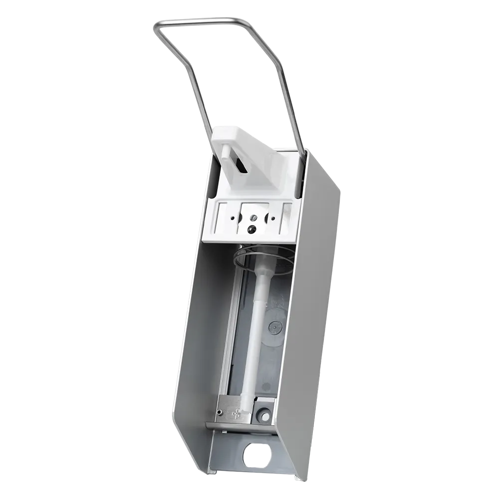 Wir präsentieren den AMPri Wandspender der AMPri Handelsgesellschaft mbH, konzipiert für 500 ml Desinfektionsmittel und Seife. Dieser wandmontierte Spender hat ein elegantes silbernes Äußeres und eine hygienische Abgabe, komplett mit einem langen Hebel für mühelose Bedienung. Im Inneren befindet sich eine Druckpumpenflasche.